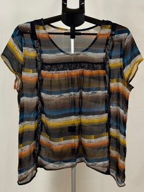 Mudd Sheer Boho Blouse XL Striped Lace Panel Lightweight Top
